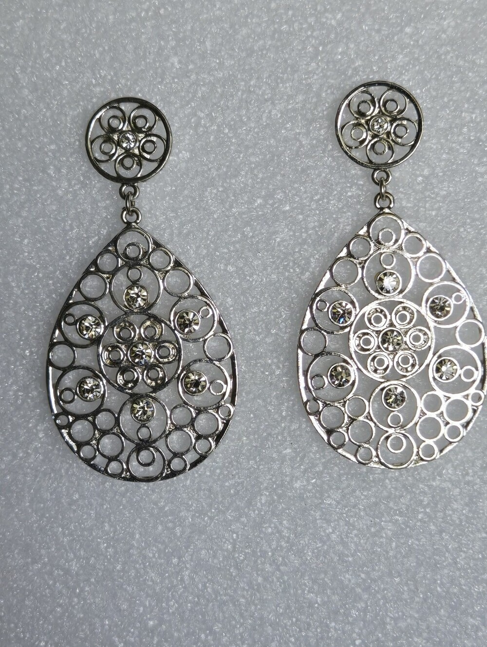 Silver Filigree Teardrop Dangle Earrings with Sparkle - Picture 13 of 16